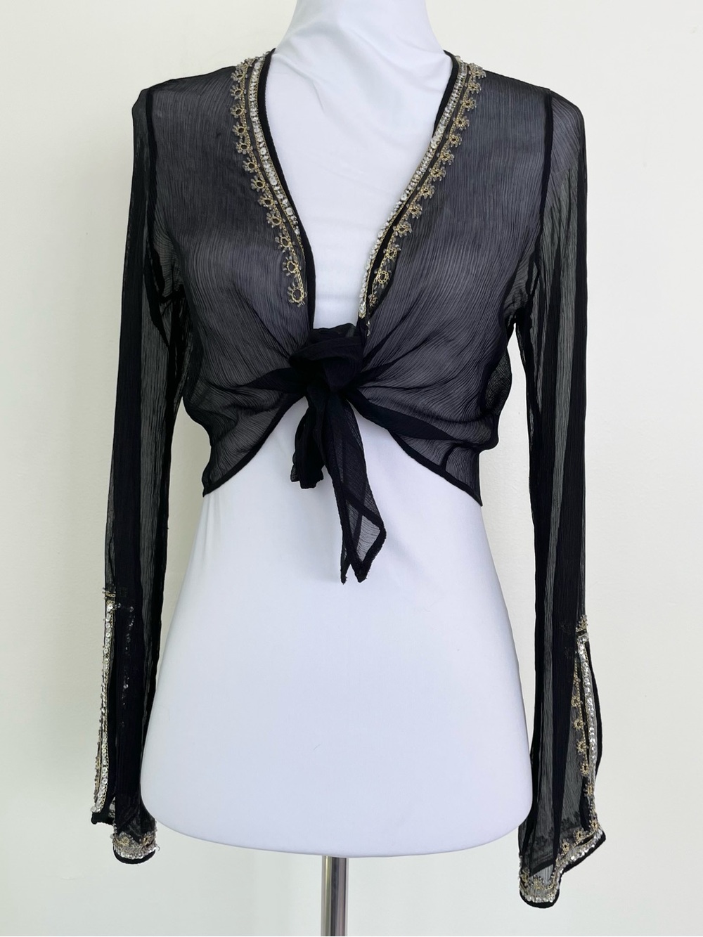 Black Mesh Gold Contrast Beaded Embellishment Front Tie Bolero Top sz S Small
